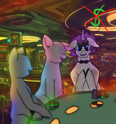 Size: 1440x1544 | Tagged: safe, artist:thomas.senko, derpibooru import, alicorn, earth pony, pony, background pony, bowtie, casino, commission, gambling, male, nervous, nervous smile, nervous sweat, smiling, trio, trio focus, trio male