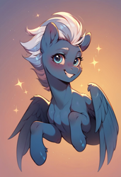 Size: 832x1216 | Tagged: safe, ai content, derpibooru import, generator:pony diffusion v6 xl, generator:stable diffusion, machine learning generated, night glider, pegasus, pony, g4, blushing, bust, cheek fluff, chest fluff, cute, female, fluffy, half body, looking at you, mare, partially open wings, portrait, prompter:doom9454, smiling, solo, sparkles, sternocleidomastoid, wings