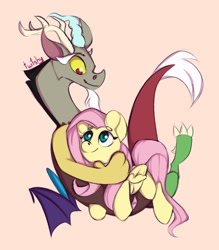 Size: 2500x2849 | Tagged: safe, artist:twi_sfw, derpibooru import, discord, fluttershy, original species, pegasus, pony, cute, discoshy, duo, duo male and female, female, hug, male, shipping, smiling, straight