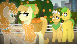 Size: 6227x3589 | Tagged: safe, artist:faitheverlasting, derpibooru import, part of a series, part of a set, aunt orange, grand pear, mosely orange, pear butter, uncle orange, earth pony, ghost, pony, undead, g4, absurd resolution, angry, bandana, basket, ears, family, father and child, father and daughter, female, fence, floppy ears, food, frown, headcanon, looking at someone, looking back, male, manehattan, mare, mole, neckerchief, orange, orange tree, orchard, parent and child, resentment, sad, siblings, sisters, sorrow, stallion, story included, teary eyes, tree