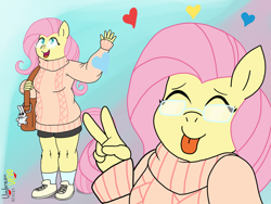 Size: 1024x772 | Tagged: safe, artist:umbreonvevo, derpibooru import, fluttershy, anthro, pegasus, plantigrade anthro, g4, bag, clothes, cute, eyes closed, glasses, gradient background, handbag, heart, peace sign, shyabetes, socks, solo, sweater, sweatershy, tongue, tongue out, waving