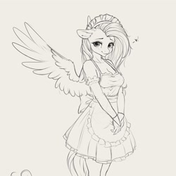 Size: 4000x4000 | Tagged: safe, artist:miokomata, derpibooru import, fluttershy, anthro, pegasus, breasts, cleavage, clothes, ears, female, floppy ears, fluttermaid, freckles, freckleshy, gray background, grayscale, hootershy, maid, mare, miokomata is trying to murder us, monochrome, simple background, smiling, solo, spread wings, wings