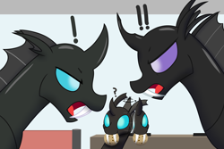 Size: 3000x2000 | Tagged: safe, artist:mightyshockwave, derpibooru import, oc, oc only, oc:aculeus, oc:mimesis, oc:saccu, changeling, argument, changeling oc, cookie, exclamation point, fangs, food, head turn, mouth hold, open mouth, question mark