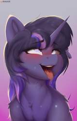 Size: 2215x3486 | Tagged: safe, artist:drawalaverr, derpibooru import, oc, oc only, oc:aurora sparkle, pony, unicorn, ahegao, blushing, bust, commission, drool, drool string, female, gradient background, horn, looking up, mare, open mouth, portrait, silly, silly face, silly pony, simple background, solo, tongue, tongue out, unicorn oc, ych result