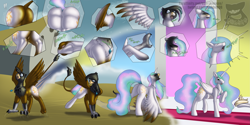 Size: 2715x1357 | Tagged: oc name needed, safe, artist:posexe, derpibooru import, princess celestia, oc, alicorn, griffon, pony, g4, butt, character to character, crown, female, griffon oc, griffon to pony, jewelry, mare, necklace, plot, reality shift, regalia, transformation, transformation sequence