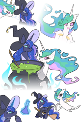 Size: 3000x4500 | Tagged: safe, artist:atardanto, derpibooru import, princess celestia, princess luna, alicorn, ghost, ghost pony, g4, boo, broom, cauldron, cute, cutelestia, duo, duo female, female, flying, flying broomstick, hat, lofter, pot, potion, royal sisters, siblings, simple background, sisters, torn ear, white background, witch hat