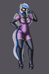 Size: 1567x2351 | Tagged: safe, alternate version, artist:creatorworld, derpibooru import, oc, oc only, oc:lady lightning strike, anthro, pegasus, bodysuit, boots, breasts, clothes, costume, female, female oc, gloves, goggles, gray background, gray coat, hand on hip, high heel boots, hips, latex, latex mask, lips, lipstick, pegasus oc, pegasus wings, purple lipstick, shadowbolts costume, shoes, simple background, skintight clothes, solo, tail, thighs, two toned hair, two toned tail, wings