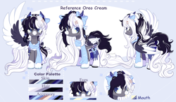 Size: 3696x2162 | Tagged: safe, artist:2pandita, derpibooru import, oc, oc only, oc:oreo cream, pegasus, pony, blue eyes, blue pupils, bow, clothes, coat markings, color palette, colored hooves, colored pupils, colored wings, comic sans, facial markings, female, folded wings, freckles, hair bow, hairclip, hooves, horns, light blue background, mare, one wing out, pale belly, pegasus oc, reference sheet, scarf, shiny hooves, simple background, snip (coat marking), socks, socks (coat marking), solo, spread wings, stockings, thigh highs, two toned wings, wings