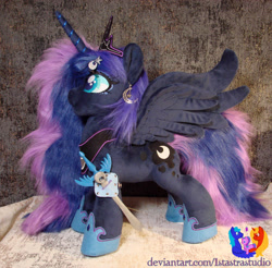 Size: 2343x2304 | Tagged: safe, artist:1stastrastudio, derpibooru import, princess luna, pony, g4, ear piercing, earring, hairpin, irl, jewelry, luna's crown, peytral, photo, piercing, plushie, solo, sword, weapon