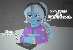 Size: 5792x4000 | Tagged: safe, artist:pencilfriend, derpibooru import, trixie, twilight sparkle, mouse, pony, unicorn, g4, abstract background, alternate hairstyle, babysitter trixie, bed, clothes, cookie clicker, dark, dark room, dialogue, duo, duo female, female, gameloft, gamer, gamer trixie, gaming, gaming headset, hair, headphones, headset, hoodie, horn, lying down, mare, microphone, mousepad, my little pony: magic princess, smug, stars, tail