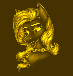 Size: 2215x2315 | Tagged: safe, artist:darklight1315, derpibooru import, oc, oc only, oc:q-be, earth pony, pony, fallout equestria, brown background, chest fluff, ear fluff, ears, fallout equestria: mayday, jewelry, necklace, pearl necklace, simple background, solo