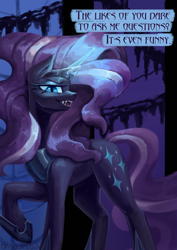 Size: 2480x3508 | Tagged: safe, alternate version, artist:anastas, derpibooru import, part of a set, nightmare rarity, pony, unicorn, series:ask nightmare rarity, g4, ask, comic, cover art, english, ethereal mane, eyeshadow, fangs, female, horn, jewelry, looking at you, magic, magic aura, makeup, mare, mlp art ask (ru), nightmarified, open mouth, regalia, slit eyes, solo, speech bubble, starry mane, sternocleidomastoid, text, translation