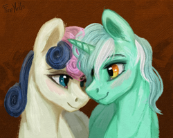 Size: 2760x2195 | Tagged: safe, artist:firehello, derpibooru import, bon bon, lyra heartstrings, sweetie drops, earth pony, pony, unicorn, g4, blushing, digital art, duo, duo female, female, horn, lesbian, looking at each other, looking at someone, lyrabon, shipping, smiling