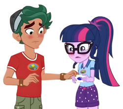 Size: 7420x6594 | Tagged: safe, derpibooru import, edit, edited screencap, screencap, sci-twi, timber spruce, twilight sparkle, equestria girls, g4, legend of everfree, awkward, background removed, blushing, camp everfree logo, camp everfree outfits, clothes, curly hair, cute, duo, duo male and female, embarrassed, female, glasses, hat, male, not a vector, ponytail, shipping, shipping fuel, shirt, shorts, shy, simple background, straight, timbertwi, transparent background, wristband