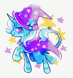 Size: 1838x1953 | Tagged: safe, artist:plushiecore, derpibooru import, trixie, pony, unicorn, g4, abstract background, alternate hairstyle, blush scribble, blushing, brooch, cape, clothes, colored horn, colored horntip, ear piercing, earring, eyelashes, female, gradient horn, halftone, hat, horn, jewelry, leg markings, leg stripes, leonine tail, lidded eyes, looking at you, looking back, mare, no pupils, piercing, profile, screentone, side view, signature, smiling, smiling at you, solo, star earring, stars, stripes, strut, tail, trixie's brooch, trixie's cape, trixie's hat