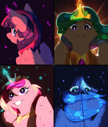 Size: 1200x1400 | Tagged: safe, artist:glazirka, derpibooru import, princess cadance, princess celestia, princess luna, twilight sparkle, twilight sparkle (alicorn), alicorn, pony, g4, alicorn tetrarchy, bust, constellation hair, female, group, looking at you, looking back, looking back at you, magic, magic aura, mare, quartet