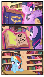 Size: 1995x3485 | Tagged: safe, artist:trrrebleee, derpibooru import, edit, edited screencap, screencap, rainbow dash, twilight sparkle, twilight sparkle (alicorn), alicorn, pegasus, pony, g4, testing testing 1-2-3, book, comic, dickbutt, female, golden oaks library, mare, meme, screencap comic