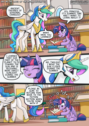 Size: 2171x3070 | Tagged: safe, artist:mysticalpha, derpibooru import, princess celestia, twilight sparkle, twilight sparkle (alicorn), alicorn, pony, comic:day in the lives of the royal sisters, g4, book, bookshelf, comic, concave belly, duo, duo female, female, height difference, library, slender, thin