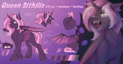 Size: 5715x3000 | Tagged: safe, artist:dorkmark, derpibooru import, queen chrysalis, oc, oc only, oc:sithilis, bat pony, changeling, changeling queen, hybrid, abstract background, bugbutt, butt, changeling oc, fangs, gradient background, hybrid oc, looking at you, maw, pink changeling, purple changeling, reference sheet, solo