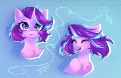 Size: 2697x1744 | Tagged: safe, artist:jsunlight, derpibooru import, starlight glimmer, pony, unicorn, g4, alternate hairstyle, bust, chest fluff, cute, glimmerbetes, horn, portrait, smiling, solo, starry eyes, wingding eyes