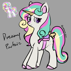 Size: 4096x4096 | Tagged: safe, artist:metaruscarlet, derpibooru import, oc, oc only, oc:dreamy parfait, pony, unicorn, bag, bow, coat markings, colored hooves, colored horn, colored pinnae, english, eyelashes, facial markings, gray background, hooves, horn, lidded eyes, looking at you, looking back, multicolored mane, multicolored tail, pink hooves, pony town, purple eyes, reference used, ribbon, saddle, shiny hooves, signature, simple background, smiling, snip (coat marking), standing, tack, tail, tail bow, text, three toned mane, three toned tail, unicorn horn, unicorn oc, wavy mane, white coat, yellow bow