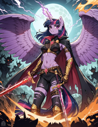 Size: 1664x2144 | Tagged: safe, ai content, derpibooru import, generator:stable diffusion, machine learning generated, twilight sparkle, twilight sparkle (alicorn), alicorn, anthro, g4, dark fantasy, fire, monster, moon, night, prompter:neondash, sword, weapon