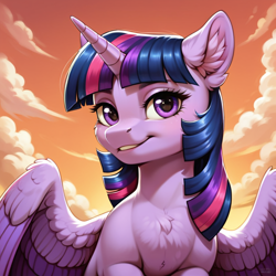 Size: 2400x2400 | Tagged: safe, ai content, derpibooru import, generator:pony diffusion v6 xl, generator:stable diffusion, machine learning generated, twilight sparkle, twilight sparkle (alicorn), alicorn, pony, g4, chest fluff, cloud, ear fluff, ears, female, horn, looking at you, orange sky, prompter:infernum, smiling, smiling at you, solo, sunset, wings