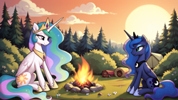 Size: 2560x1440 | Tagged: safe, ai content, derpibooru import, generator:pony diffusion v6 xl, generator:stable diffusion, machine learning generated, princess celestia, princess luna, alicorn, pony, g4, bush, campfire, duo, duo female, female, flower, forest, nature, prompter:infernum, sun, sunset, tent, tree