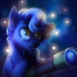 Size: 1900x1900 | Tagged: safe, artist:toxiccolour, derpibooru import, oc, oc only, pony, unicorn, glasses, grin, horn, male, night, redesign, smiling, solo, stallion, stars, telescope, unnamed oc