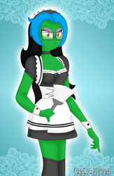 Size: 2976x4568 | Tagged: safe, artist:cyber-murph, derpibooru import, oc, oc only, oc:lightning spirit, anthro, equestria girls, g4, breasts, cleavage, clothes, commission, duster, female, french maid, glasses, kissy face, maid, signature, solo