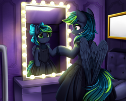 Size: 2559x2044 | Tagged: safe, artist:pridark, derpibooru import, oc, oc only, pegasus, pony, bipedal, clothes, dress, female, filly, foal, mare, mirror, pegasus oc, reflection, solo