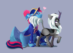 Size: 4266x3144 | Tagged: safe, artist:28gooddays, derpibooru import, oc, oc only, oc:jinx kurai, oc:swift sail, oc:swiftwing, kirin, pegasus, pony, choker, clothes, cloven hooves, coat, couple, duo, duo male and female, feather, female, fishnet clothing, fishnet stockings, hat, heart, horn, kirin oc, male, oc x oc, pegasus oc, raised tail, sailor uniform, scales, seduction, shipping, spiked choker, stockings, straight, tail, tail seduce, tattoo, teasing, thigh highs, uniform