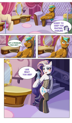 Size: 2419x4093 | Tagged: safe, artist:puke-o, derpibooru import, rarity, oc, oc:cyan sand, earth pony, pony, unicorn, comic:mature rarity needs the d, g4, bipedal, blushing, canon x oc, carousel boutique, chest fluff, clothes, corset, duo, duo male and female, female, fluffy, horn, lingerie, male, mare, mirror, older, older rarity, sitting, stallion, sternocleidomastoid, stockings, thigh highs