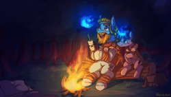 Size: 1920x1080 | Tagged: safe, artist:alex6886, derpibooru import, rockhoof, stygian, earth pony, pony, unicorn, g4, campfire, camping, cloak, clothes, cute, cutehoof, detailed background, duo, duo male, food, forest, horn, male, marshmallow, nature, night, outdoors, ship:stygianhoof, shipping, stallion, stygian's cutie mark, stygianbetes, tree