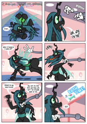 Size: 3500x5000 | Tagged: safe, artist:katzyla, derpibooru import, gummy, pinkie pie, queen chrysalis, changeling, changeling queen, earth pony, pony, comic:a changeling queen in a nursery machine, g4, bathtub, bugbutt, butt, cartoon physics, comic, conveyor belt, diaper, emanata, female, gulp, high res, mechanical hands, music, my little pony logo, my little pony: friendship is magic logo, open mouth, restrained, scared, sheet music, speech bubble, suffocating, sweat, sweatdrops, theme song, tongue, tongue out