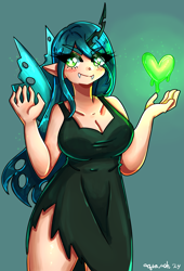 Size: 2323x3422 | Tagged: safe, artist:mylittleyuri, derpibooru import, queen chrysalis, human, g4, alicorn humanization, blushing, breasts, clothes, cute, cutealis, dress, fangs, female, green background, heart, horn, horned humanization, humanized, magic, queen chrysaltits, simple background, winged humanization, wings