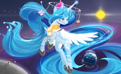 Size: 2560x1560 | Tagged: safe, artist:ssnerdy, derpibooru import, oc, oc only, alicorn, pony, alicorn oc, astronaut, earth, element of generosity, element of honesty, element of kindness, element of laughter, element of loyalty, element of magic, elements of harmony, horn, macro, moon, solo, space, spaceship, sun, wings