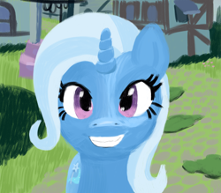 Size: 4000x3508 | Tagged: safe, artist:ligmire, derpibooru import, trixie, pony, unicorn, g4, day, grass, horn, ponyville, smiling, solo