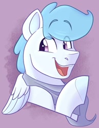 Size: 1577x2048 | Tagged: safe, artist:slushpony, derpibooru import, oc, oc only, oc:file folder, pegasus, pony, bust, clothes, gradient background, male, open mouth, open smile, scarf, smiling, solo