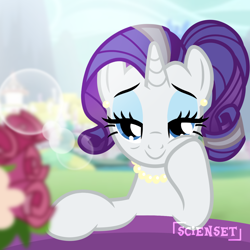 Size: 1280x1280 | Tagged: safe, artist:scienset, derpibooru import, edit, edited screencap, screencap, rarity, pony, unicorn, g4, alternate hairstyle, ear piercing, earring, female, flower, hoof on cheek, horn, jewelry, lidded eyes, looking at you, makeup, mare, necklace, older, older rarity, pearl necklace, piercing, signature, skunk stripe, smiling, smiling at you, solo