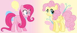 Size: 2192x952 | Tagged: safe, artist:cmors12, derpibooru import, fluttershy, pinkie pie, earth pony, pegasus, g4, alternate hairstyle, cutie mark, cutie mark background, duo, duo female, female, gradient background, hairstyle swap