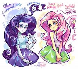 Size: 2048x1828 | Tagged: safe, artist:libbly_libby, derpibooru import, fluttershy, rarity, butterfly, human, pegasus, unicorn, equestria girls, g4, 2d, clothes, cutie mark on clothes, diamond, duo, duo female, eyes closed, eyeshadow, female, gold, hair tutorial, hairclip, horn, looking at you, makeup, shirt, short sleeves, skirt, sleeveless, sleeveless shirt, smiling, smiling at you, wrist cuffs