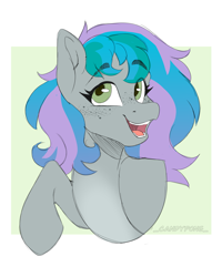 Size: 2000x2500 | Tagged: safe, artist:_candypone_, derpibooru import, oc, oc only, oc:virtuous hope, pegasus, pony, blush lines, blushing, bust, colored, colored eyebrows, colored pupils, eyebrows, eyebrows visible through hair, female, female oc, flat colors, freckles, gray coat, green eyes, green pupils, hatching (technique), high res, looking up, mare, mare oc, open mouth, open smile, passepartout, pegasus oc, raised hoof, raised leg, signature, simple background, smiling, solo, two toned mane, white background