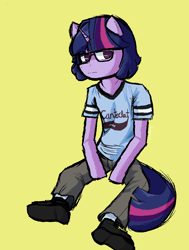 Size: 894x1181 | Tagged: safe, artist:lemomew, derpibooru import, twilight sparkle, twilight sparkle (alicorn), alicorn, anthro, g4, alternate hairstyle, clothes, glasses, green background, pixel-crisp art, simple background, sitting, solo, twivers cuomo, weezer