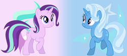 Size: 3184x1408 | Tagged: safe, artist:cmors12, derpibooru import, starlight glimmer, trixie, pony, unicorn, g4, alternate hairstyle, cutie mark, cutie mark background, duo, duo female, ember's worst nightmare, female, gradient background, horn, lesbian, mane swap, shipping, startrix