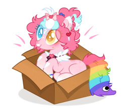 Size: 956x836 | Tagged: safe, artist:michiharas, derpibooru import, oc, oc only, oc:sprinkles pie, earth pony, pony, base used, blank flank, blushing, bow, box, bracelet, cardboard box, coat markings, collar, colored eartips, colored eyelashes, colored pupils, commission, curly hair, curly mane, ear piercing, earring, earth pony oc, emanata, eye clipping through hair, facial markings, hair accessory, hair bow, hairclip, heart hairclip, heterochromia, in a box, jewelry, looking up, mane accessory, multicolored mane, multicolored tail, nose blush, piercing, pink coat, pink mane, pony in a box, ponytail, rainbow tail, short mane, simple background, sitting, smiling, snip (coat marking), solo, star (coat marking), star mark, stars, tail, three toned mane, tied mane, two toned ears, white background, ych result