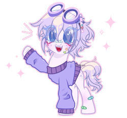 Size: 925x864 | Tagged: safe, artist:michiharas, derpibooru import, oc, oc only, oc:ruika, earth pony, pony, art trade, bandaid, bandaid on nose, base used, big eyes, blank flank, blue eyelashes, blue pupils, blushing, butt freckles, clothes, coat markings, colored eyelashes, colored pupils, ear blush, ear piercing, earring, earth pony oc, emanata, eye clipping through hair, facial markings, freckles, goggles, goggles on head, industrial piercing, jewelry, knee blush, open mouth, open smile, outline, piercing, purple coat, purple eyes, purple mane, purple sweater, purple tail, raised hoof, raised leg, signature, simple background, smiling, snip (coat marking), solo, sparkles, standing on three hooves, sticker, sweater, tail, transparent background, two toned mane, two toned tail, wall of tags, waving, white background, wingding eyes