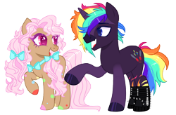 Size: 1102x725 | Tagged: safe, artist:michiharas, derpibooru import, oc, oc only, earth pony, pony, unicorn, art trade, base used, blank flank, blue eyes, blue pupils, boots, bow, bowtie, brown coat, clothes, coat markings, colored eyebrows, colored hooves, colored horn, colored legs, colored pupils, curly hair, curly mane, demonia swing 815, demonias, duo, ear piercing, earth pony oc, eyebrow slit, eyebrows, eyeshadow, facial markings, fangs, hair bow, heart, heart eyes, helix piercing, hooves, horn, leg markings, leg stripes, long mane, long tail, magenta pupils, makeup, mismatched hooves, multicolored hair, multicolored hooves, multicolored mane, multicolored tail, open mouth, open smile, piercing, pigtails, pink eyes, pink eyeshadow, profile, purple coat, purple eyelashes, purple hooves, rainbow hair, rainbow stripes, rainbow tail, shiny eyelashes, shiny hooves, shiny mane, shiny tail, shoes, simple background, smiling, spots, spotted, stripes, tail, tan coat, tied mane, transparent background, unicorn oc, wall of tags, wavy tail, wingding eyes