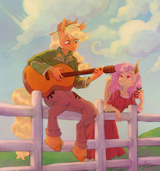 Size: 1309x1400 | Tagged: safe, artist:abbytabbys, derpibooru import, applejack, fluttershy, anthro, bat pony, earth pony, unguligrade anthro, g4, acoustic guitar, apple, applejack's hat, appleshy, bat ponified, blonde, blonde mane, blonde tail, blue sky, blush lines, blushing, brown eyelashes, clothes, cloud, collared shirt, colored eyebrows, colored eyelashes, colored hooves, colored pinnae, colored pupils, cowboy hat, day, detailed background, dress, duo, duo female, ear tufts, embroidery, eyebrows, eyebrows visible through hair, fangs, female, fence, fetlock tuft, filigree, flutterbat, food, freckles, grass, green eyes, green pupils, green shirt, guitar, hat, holding, hooves, leaning, leaning forward, leaning on fence, lesbian, lidded eyes, looking at each other, looking at someone, looking up, mare, musical instrument, orange coat, orange hooves, outdoors, pants, partially open wings, pink mane, playing guitar, ponytail, race swap, red dress, red eyelashes, red eyes, red pupils, shipping, shirt, sitting, sitting on fence, smiling, smiling at each other, smiling at someone, stetson, tail, tall ears, tied mane, unshorn fetlocks, wall of tags, western shirt, wings, yellow coat