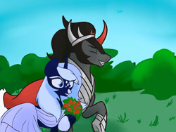 Size: 1032x774 | Tagged: safe, artist:amanecerlobo, derpibooru import, king sombra, oc, oc:dawn shade, pony, unicorn, g4, canon x oc, clothes, couple, dress, duo, duo male and female, female, flower, horn, male, mare, marriage, shipping, stallion